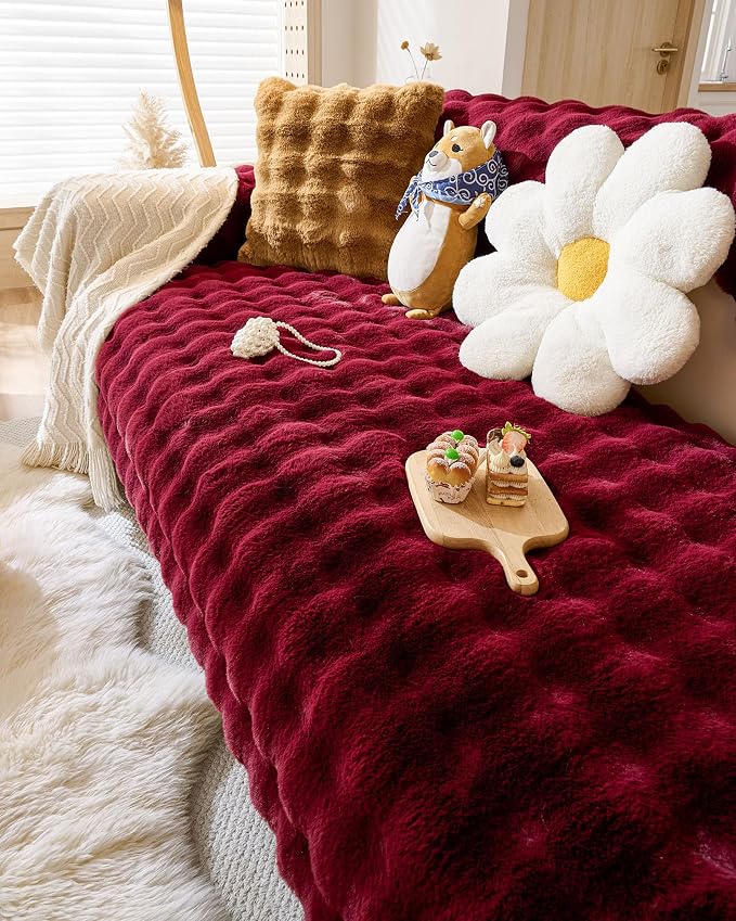 Christmas Faux Fur Couch Cover Fuzzy Soft Plush Thick Bubble Sofa Cover Luxury - Image 5