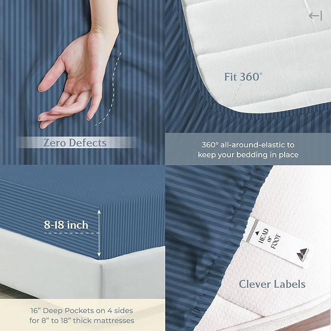 Mayfair Linen 100% Cotton Striped Sheets California King Size Bed Set - Image 5