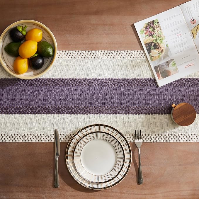 ZeeMart Macrame Style Bicolor Stitching Table Runner, 14 x 48 Inch Purple/Ivory - Image 4