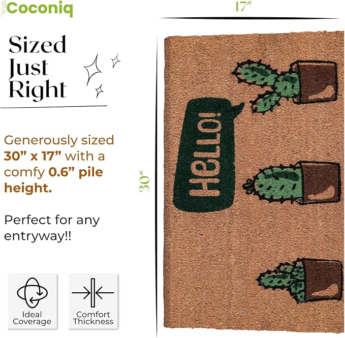Coir Door Mats 17" X 30", Non-Slip Sturdy, PVC Backed Heavy Duty, Hello Cactus - Image 5
