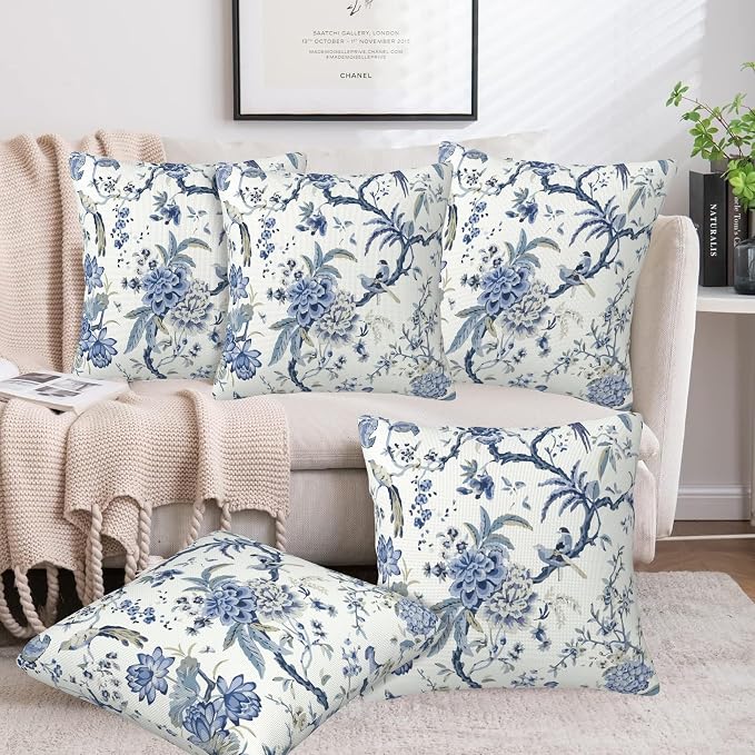 Chinoiserie Throw Pillow Cover Case Blue White Flowers Throw Pillows Set of 2 - Image 6