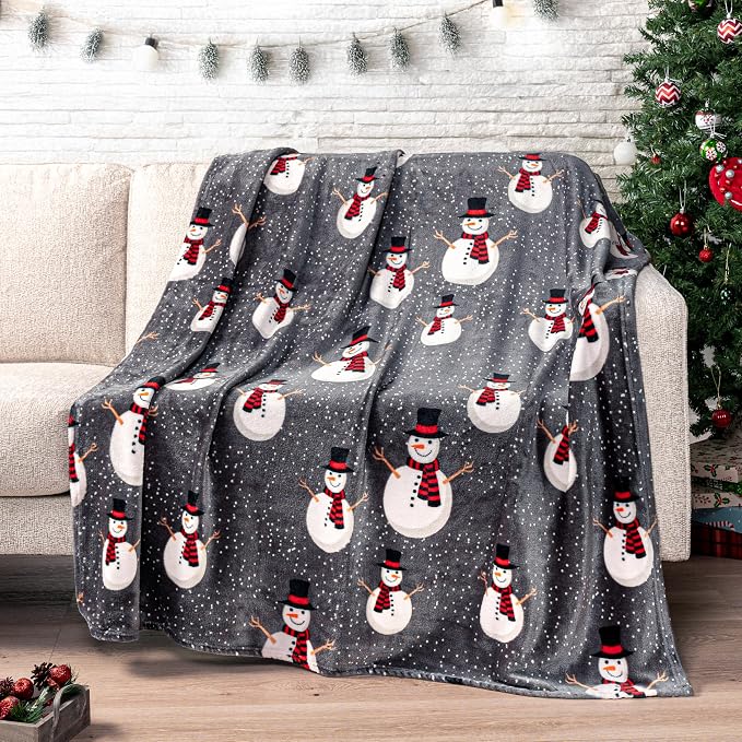 PAVILIA Christmas Snowman Throw Blanket | Grey Christmas Fleece Blanket | Soft by PAVILIA
