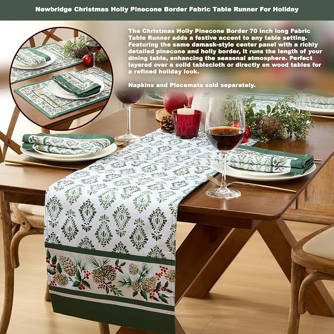 Newbridge Christmas Holly Pinecone Border Set of 4 Fabric Placemats, Holiday - Image 3