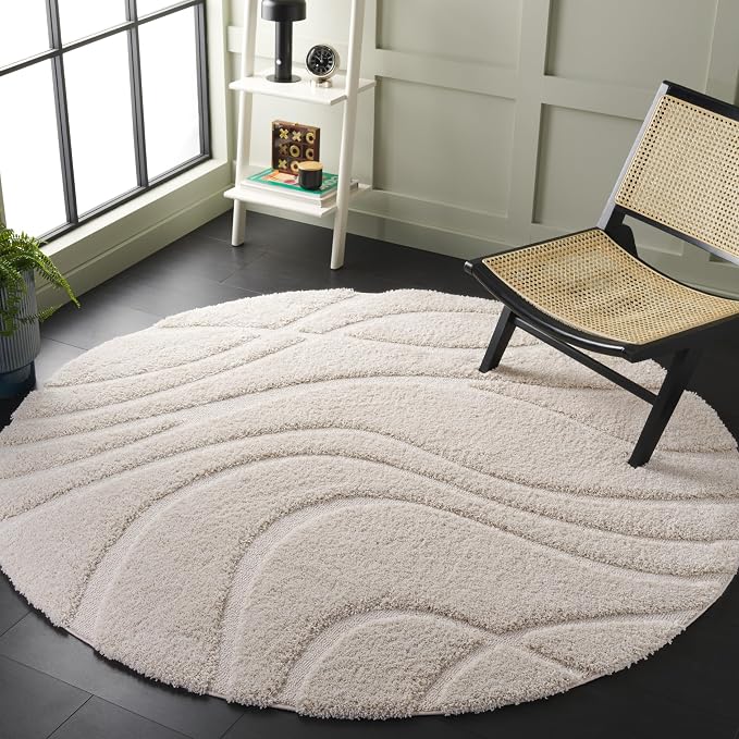 SAFAVIEH Florida Shag Collection 4' Round Cream / Cream SG471 Abstract Wave by SAFAVIEH