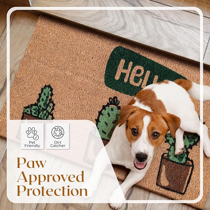 Coir Door Mats 17" X 30", Non-Slip Sturdy, PVC Backed Heavy Duty, Hello Cactus - Image 2