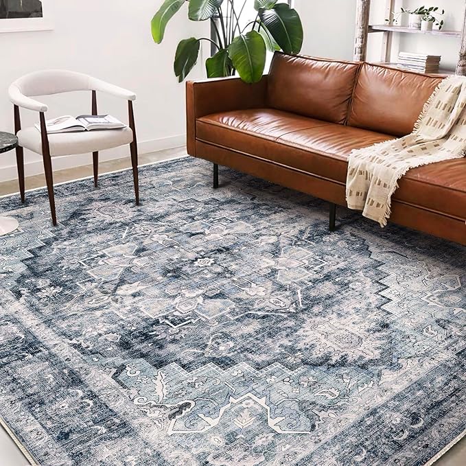 Washable Area Rug 8'x10' Dark Blue Retro Boho Design Non-Shedding Non-Slip Easy - Image 2