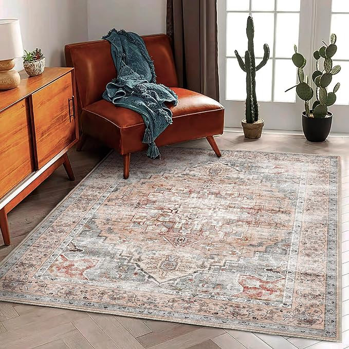 Area Rug 5'x7' Light Cyan and Light red Washable Rug Vintage Traditional Floor by CHAMPLANT