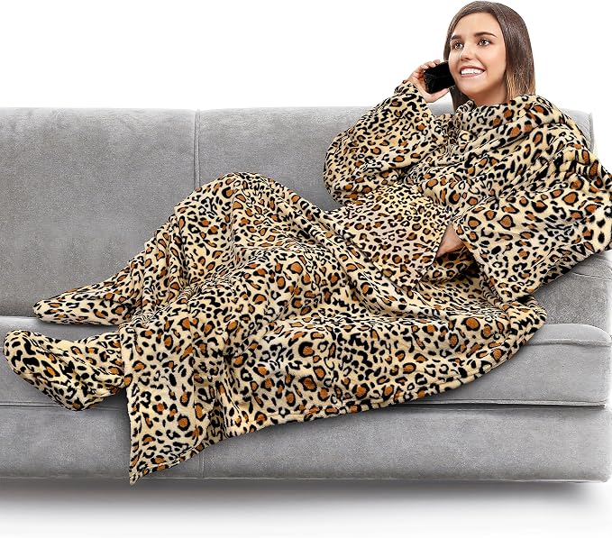 PAVILIA Fleece Blanket with Sleeves, Foot Pockets by PAVILIA