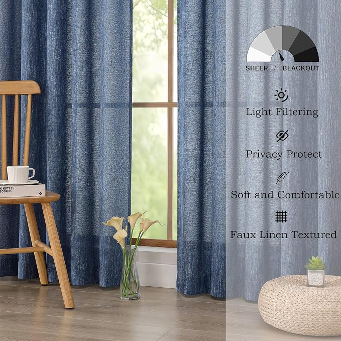 Simplebrand Navy Blue Faux Linen Textured Curtains 63 Inch Length 2 Panels - Image 9