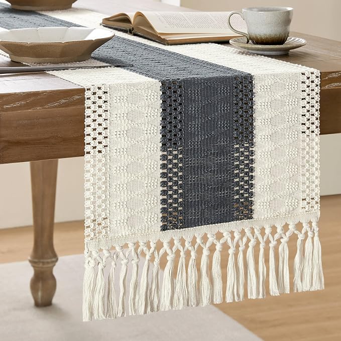ZeeMart Macrame Style Bicolor Stitching Table Runner, 14 x 108 Inch by ZEEMARTONLINE