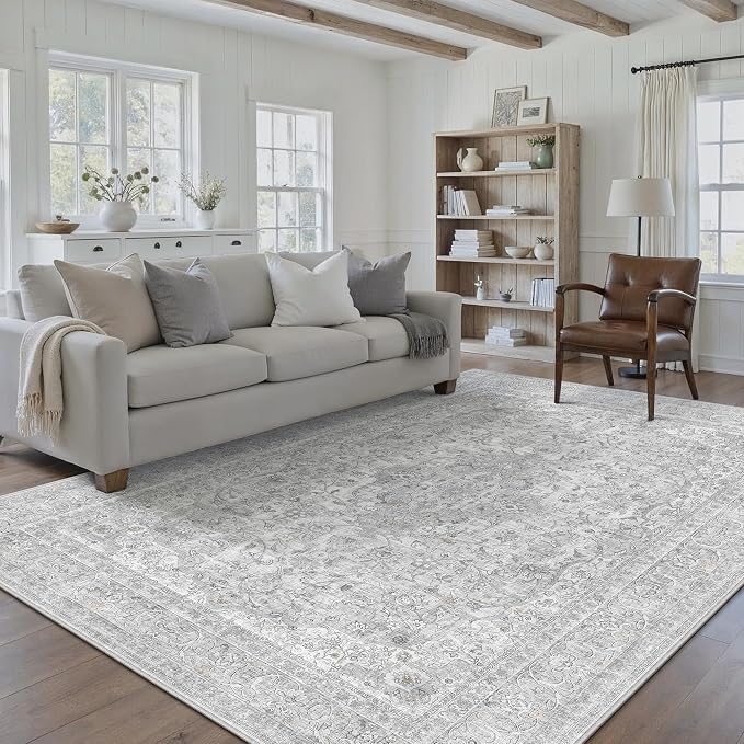Gray Area Rug 6x9 for Living Room Washable Vintage Carpet Low Pile Non Slip by PureCozy