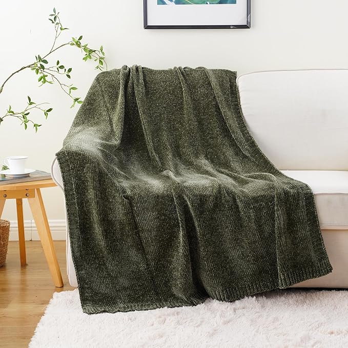 BATTILO HOME Olive Green Chenille Throw Blanket - Image 3