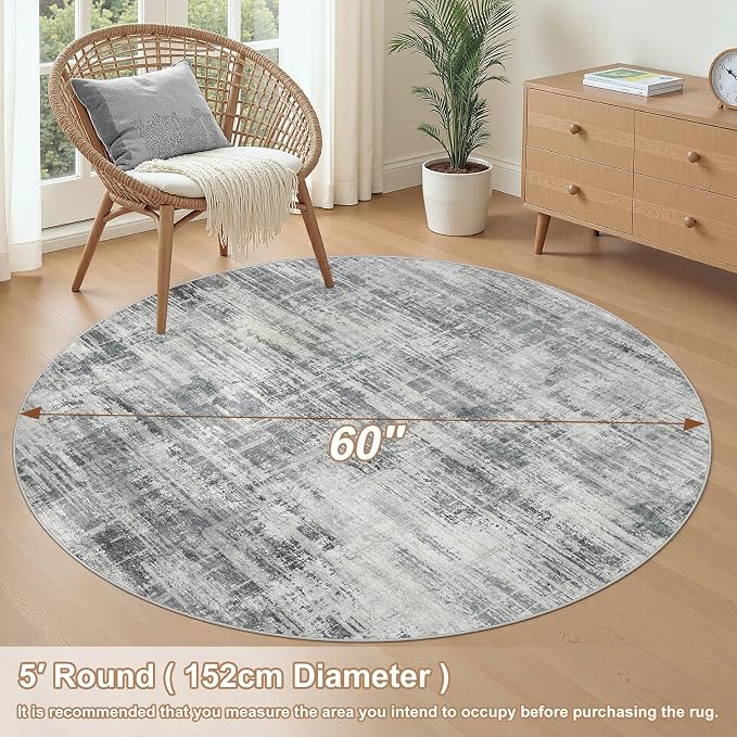 5ft Round Area Rug for Living Room: 5x5 Washable Neutral Abstract Modern Soft - Image 4