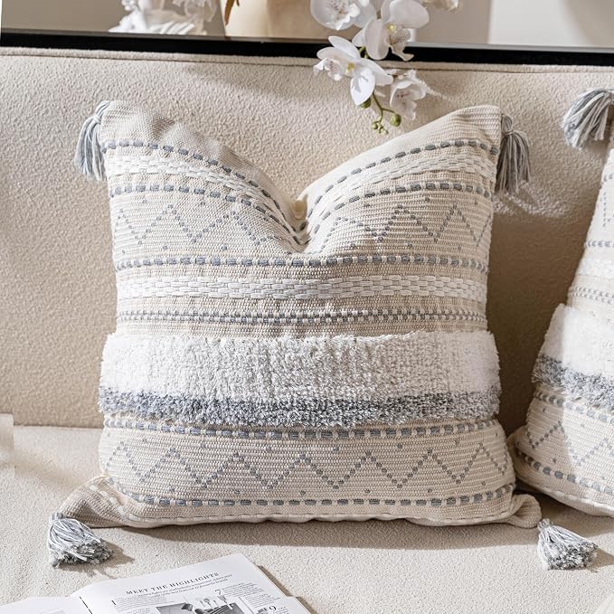 BlissBlush Gray Decorative Throw Pillow Cover 18X18 Combo Set of 2 Square Boho - Image 4