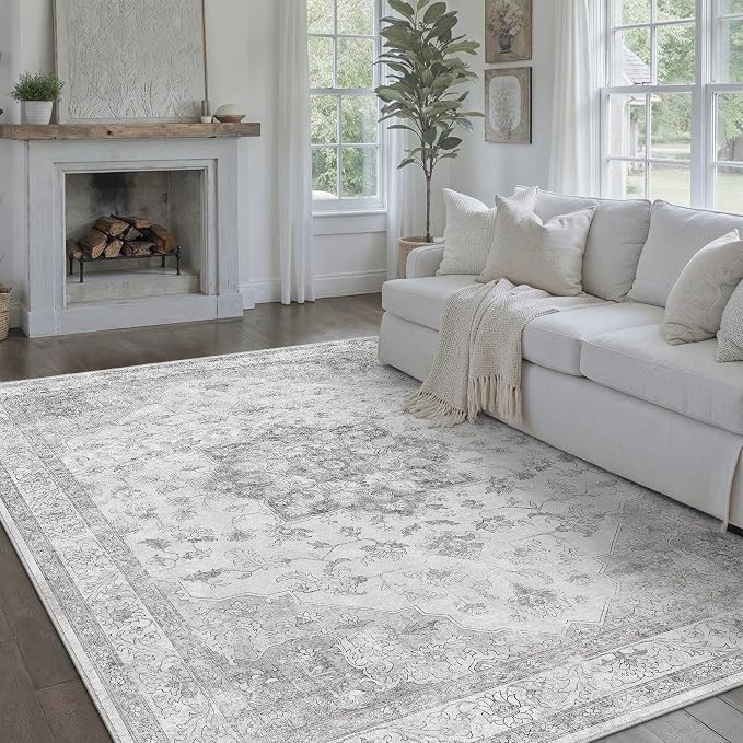Grey Gray Area Rug 8x10 Washable Vintage Carpet - Image 5