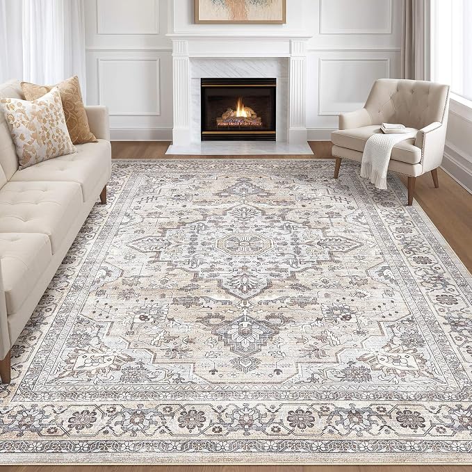 10x14 Area Rugs Living Room: Washable Boho Large Neutral Vintage Soft Rug Stain by LOONGRUG