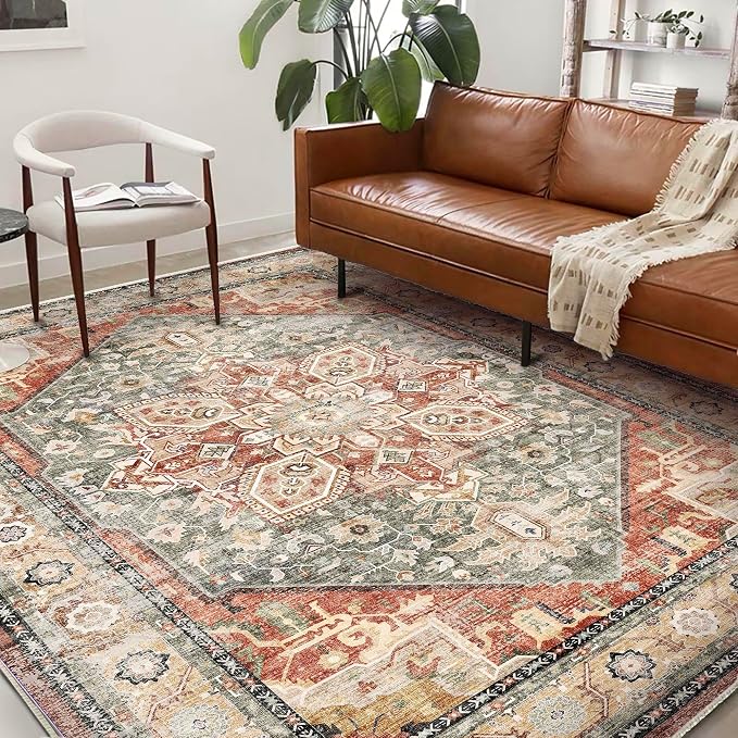 Washable Area Rug 8'x10' Red Khaki Retro Boho Design Non-Shedding Non-Slip Easy - Image 2