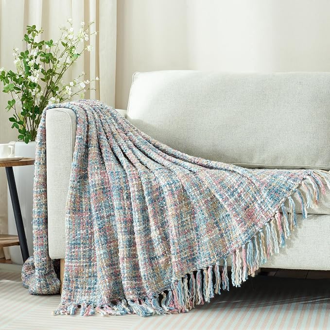 Multi-Color Pink Blue Cable Knitted Throw Blanket - Image 8