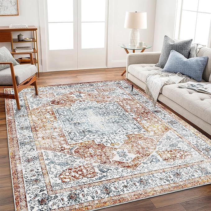 Area Rug 6x9 Washable Rug Tangerine Vintage Traditional Floor Cover Thin Retro by CHAMPLANT