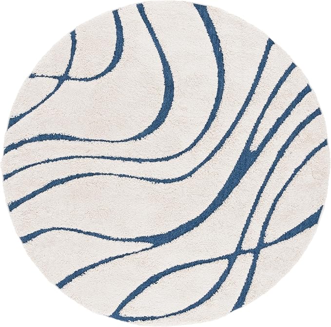 SAFAVIEH Florida Shag Collection 8' Round Cream/Blue SG471 Abstract Wave - Image 2