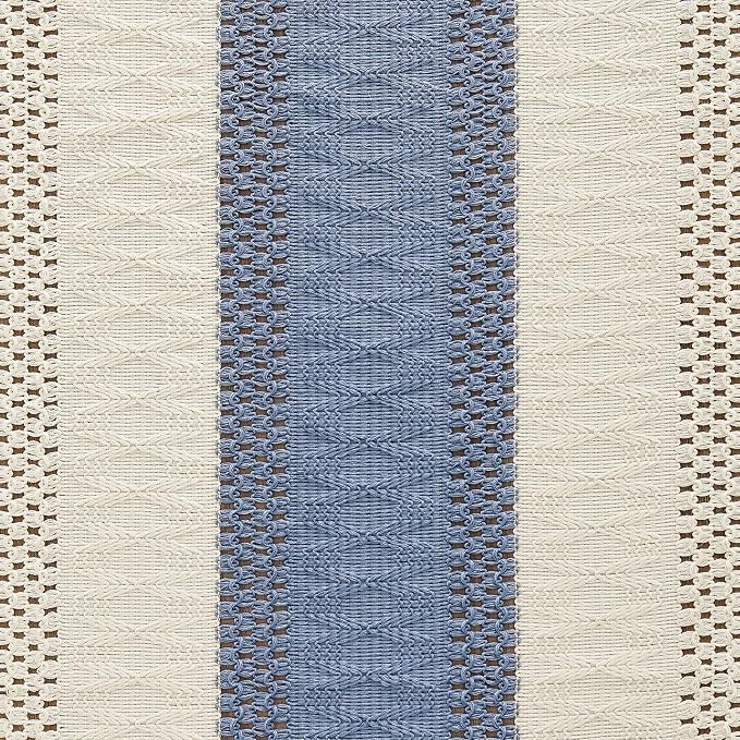 ZeeMart Macrame Style Bicolor Stitching Table Runner, 14 x 72 Inch Blue/Ivory - Image 6