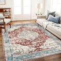 Washable Area Rug 9'x12' Red Blue Retro Flowers Boho Design Non-Shedding Easy by CHAMPLANT