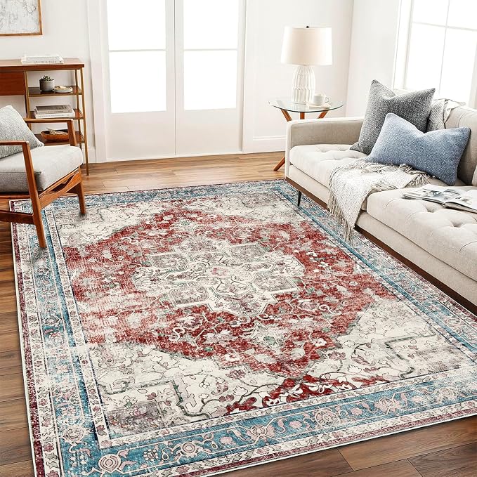 Washable Area Rug 9'x12' Red Blue Retro Flowers Boho Design Non-Shedding Easy by CHAMPLANT