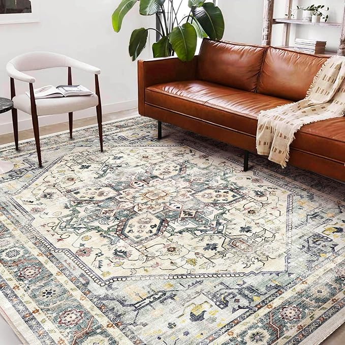 Washable Area Rug 9'x12' Cyan Khaki Retro Flowers Boho Design Non-Shedding Easy - Image 2