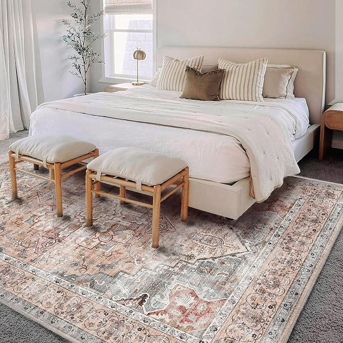 Washable Area Rug 9'x12' Light Cyan and Light red Retro Flowers Boho Design - Image 3