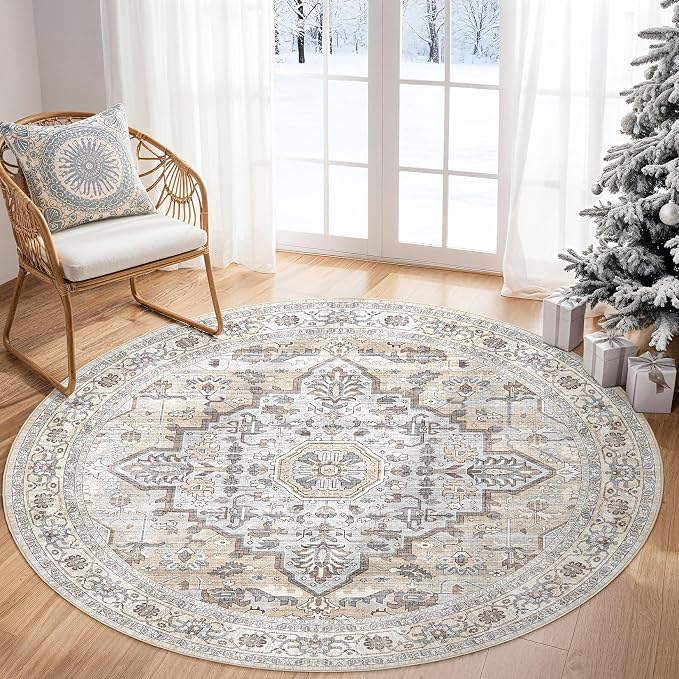 Round Rug Living Room Rugs: 5Ft Washable Boho Neutral Large Circle Soft Indoor - Image 7