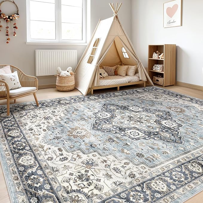 10x12 Area Rug Living Room: Washable Boho Large Neutral Vintage Soft Rugs Stain - Image 5