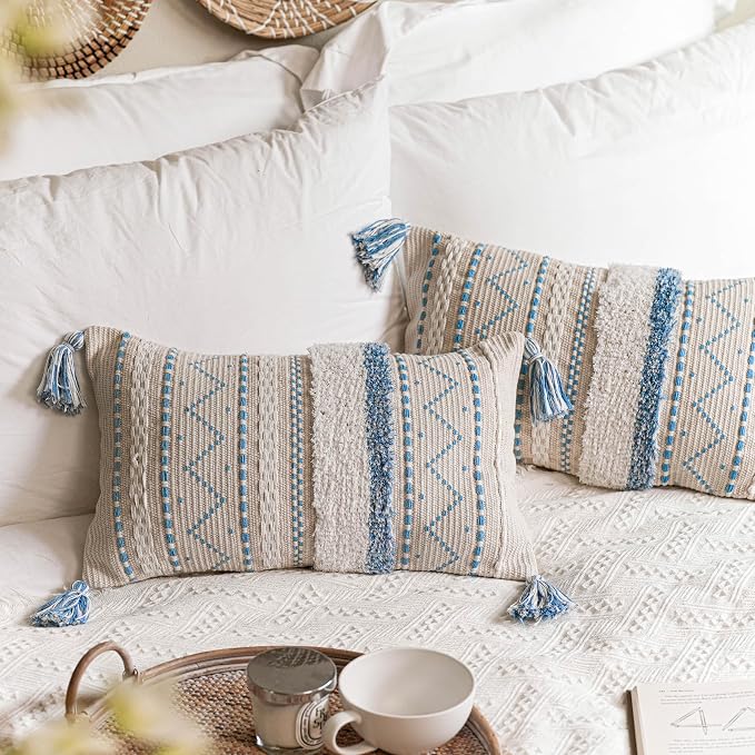 BlissBlush Blue Decorative Lumbar Throw Pillow Cover 12x20 Combo Set of 2 by BlissBlush