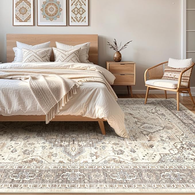 9x12 Area Rug Living Room: Washable Boho Large Neutral Vintage Soft Rugs Stain - Image 4