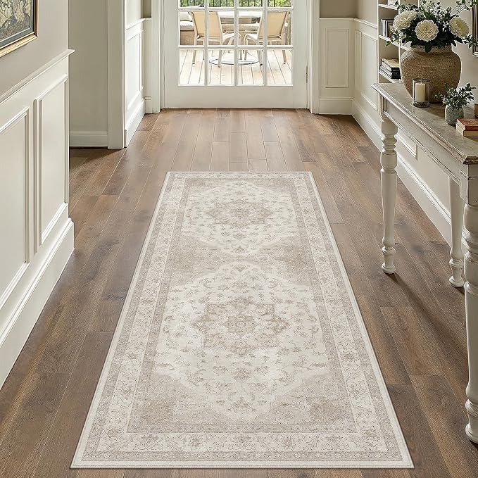 Beige Runner Rug 2x5 Washable Vintage Carpet Hallway Kitchen Soft Retro Low by PureCozy