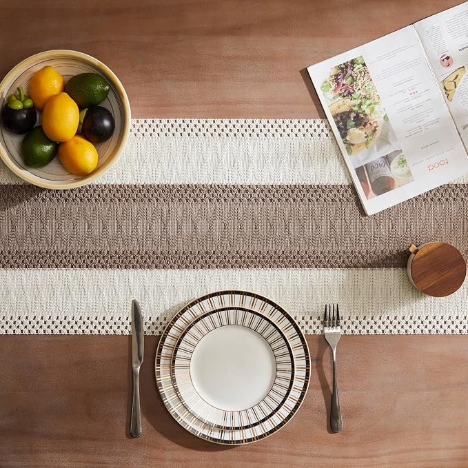 ZeeMart Macrame Style Bicolor Stitching Table Runner, 14 x 60 Inch Cocoa - Image 4