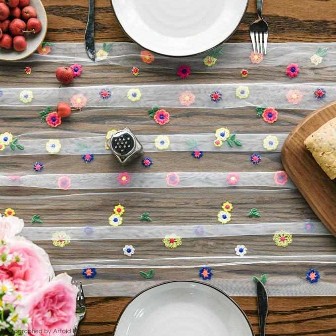 Artoid Mode 3PCS Embroidery Daisy Gauze Table Runner 120 Inch 10FT, Seasonal - Image 2