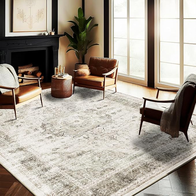Washable Area Rug 8'x10' Retro Floral Khaki Boho Design Non-Shedding Non-Slip by CHAMPLANT
