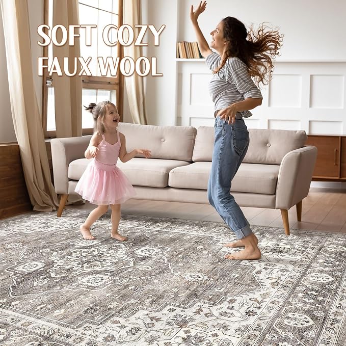 10x14 Area Rugs Living Room: Washable Boho Large Neutral Vintage Soft Rug Stain - Image 3