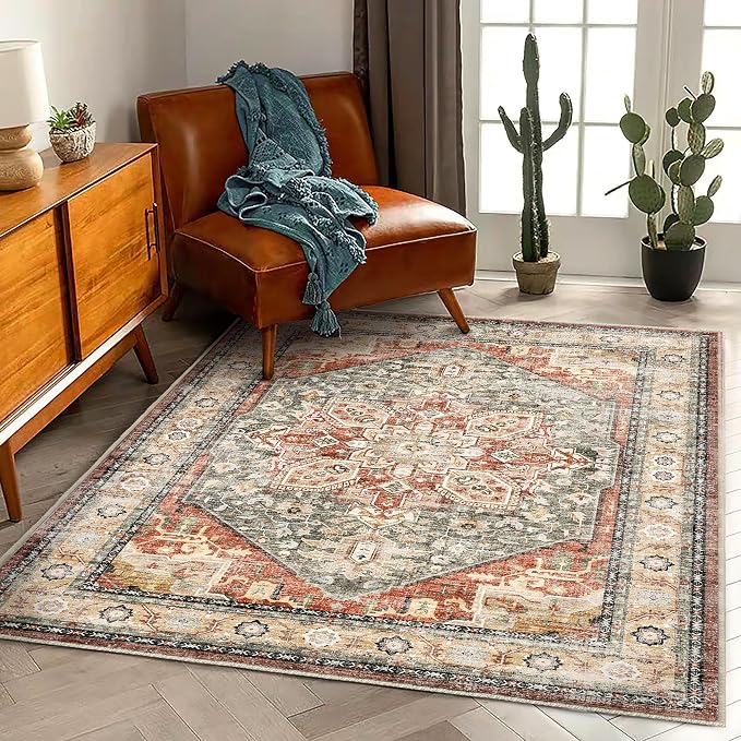 3'x5' Red Khaki Vintage Washable Thin Area Rug Traditional Floor Cover Foldable by CHAMPLANT