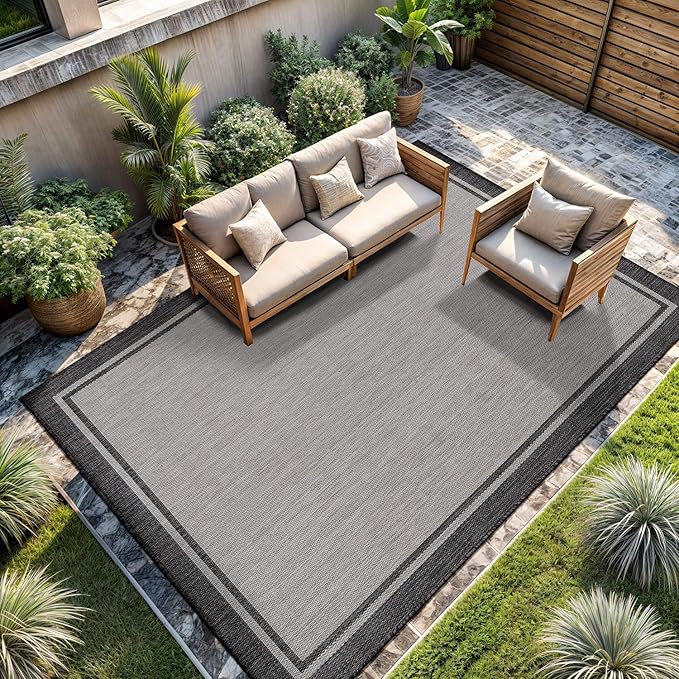 CAMILSON Indoor Outdoor Rug, 9x12 Bordered Gray Modern Area Rugs by CAMILSONIndoorOutdoorAreaRugs