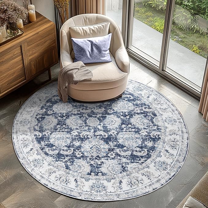 jinchan Fiora Round Rug 4ft Area Rugs Vintage Floral Distressed Design by JINCHAN