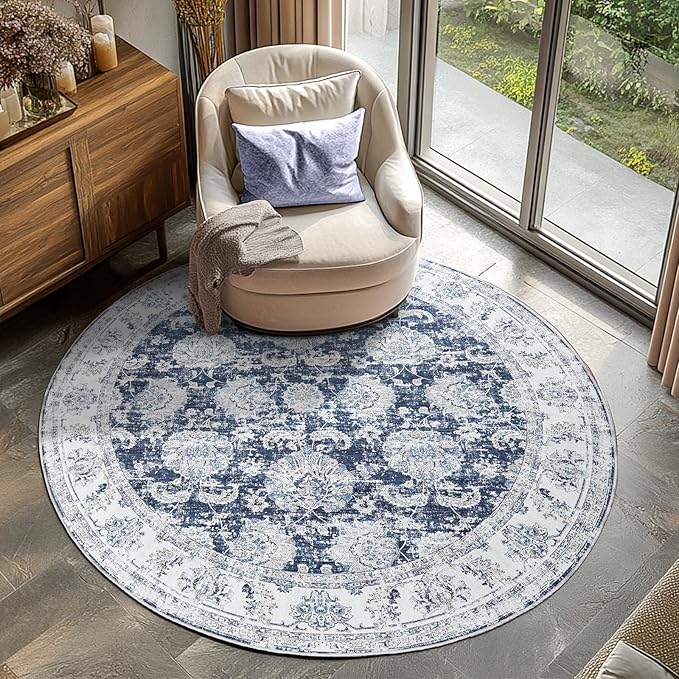jinchan Fiora Round Rug 5ft Area Rugs Vintage Floral Distressed Design by JINCHAN