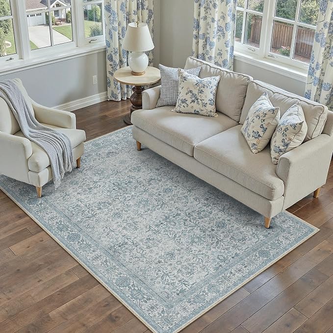 Blue Area Rug 4x6 Washable Office Entryway Carpet Soft Vintage Indoor Kitchen by PureCozy