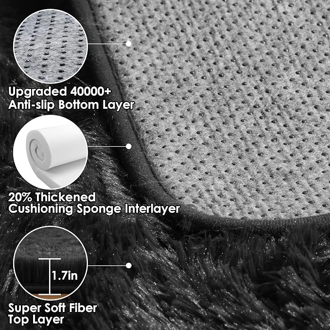 ONASAR Black Area Rugs for Living Room Bedroom, 5x8 Fluffy Shaggy Rug, Washable - Image 3