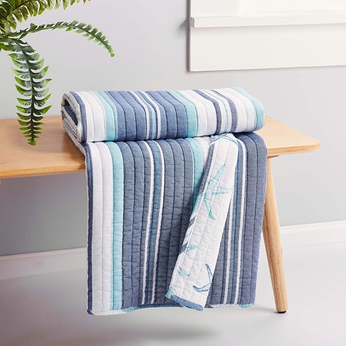 Levtex Home - Camps Bay Quilted Throw - Striped Coastal Pattern in Light Blue - Image 2