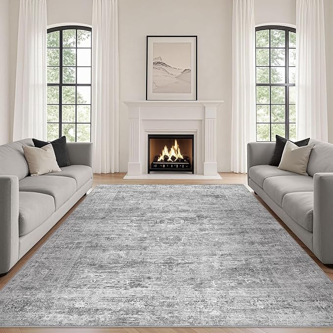 Grey Rug 5x7 Area Rugs: Washable Boho Large Vintage Neutral Soft Rug Stain by LOONGRUG