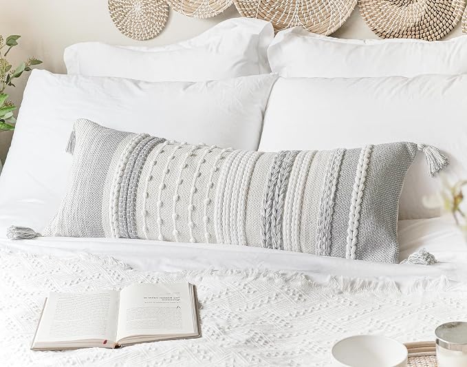 BlissBlush Gray Decorative Lumbar Pillow Cover 14x36, Farmhouse Lumbar Throw - Image 3