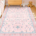 Pink and Blue Washable 5x8 Living Room Rugs, Boho Aethestic Oushak Vintage Area by HazoHaus