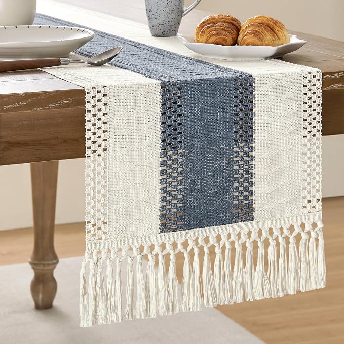 ZeeMart Macrame Style Bicolor Stitching Table Runner, 14 x 48 Inch Navy/Ivory by ZEEMARTONLINE