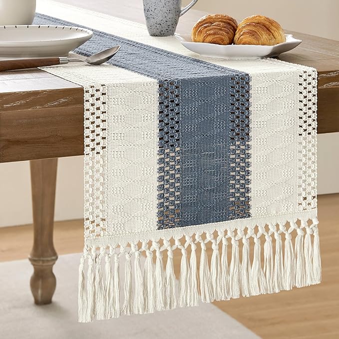 ZeeMart Macrame Style Bicolor Stitching Table Runner, 14 x 60 Inch Navy/Ivory by ZEEMARTONLINE